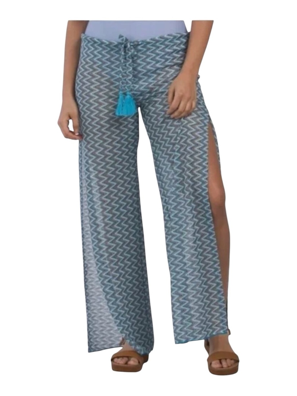 BECCA Blue Chevron Sheer Split-Leg Swim Coverup Pants Size Small NWT
